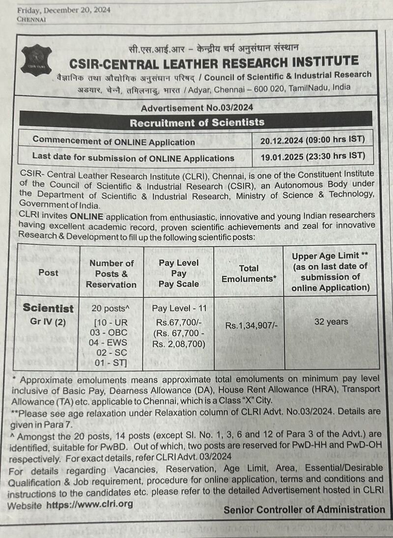 CSIR Scientist Recruitment 2024 at CSIR-CLRI