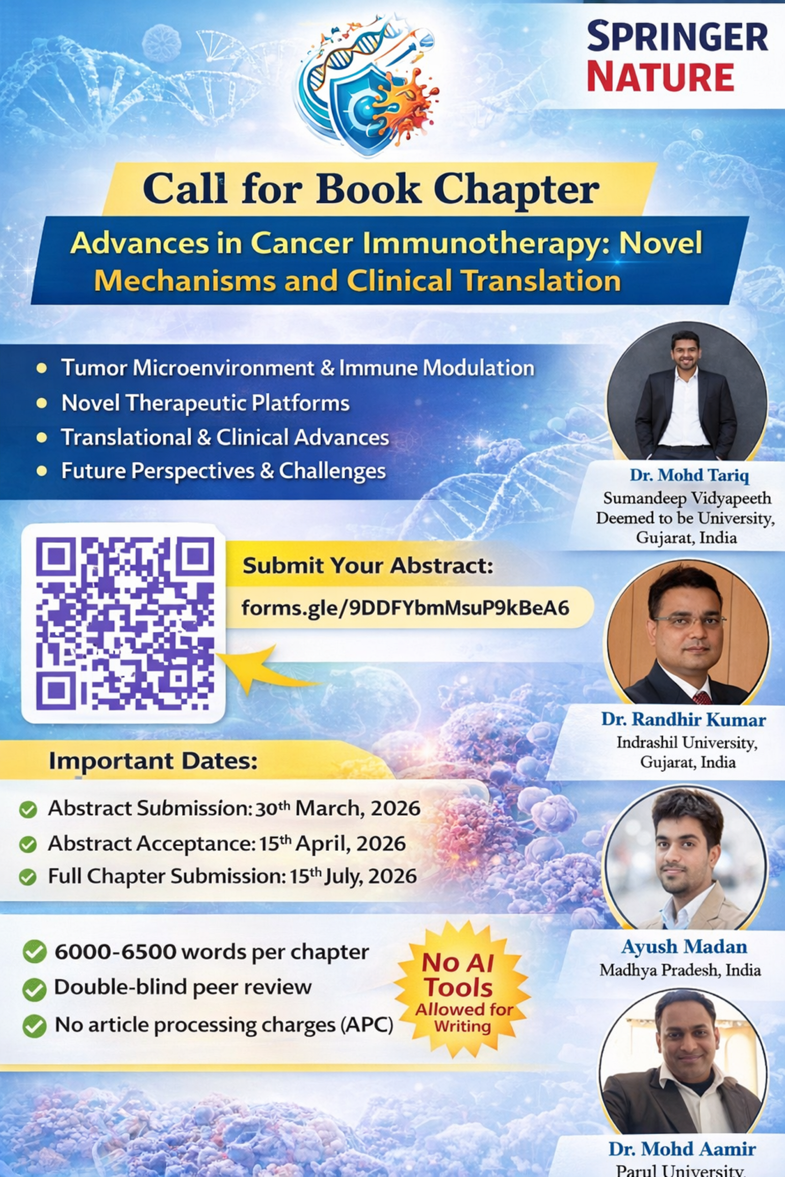 Springer Nature book chapter call for cancer immunotherapy 2026 — T-cell and tumor cell interaction with submission deadlines